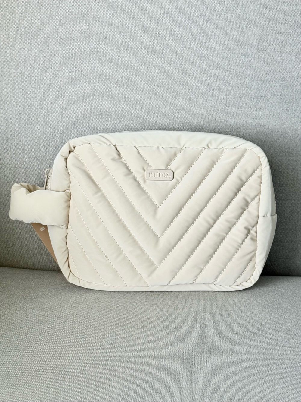 Cream Quilted Cosmetic Pouch with Wrist Strap